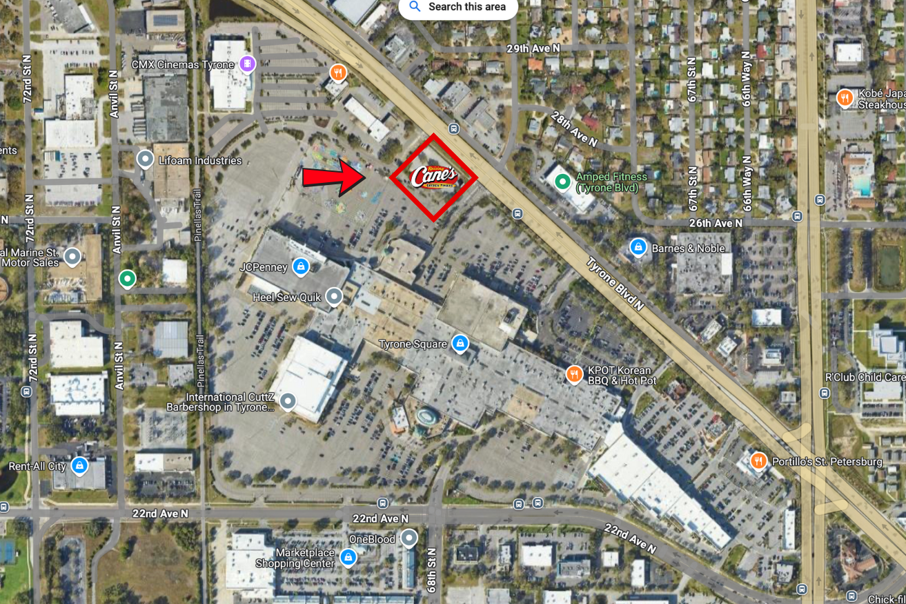 Where Is Raising Cane’s Going To Be Located in St Pete picture of a map of Tyrone Mall with an arrow pointing to the Raising Canes construction site.