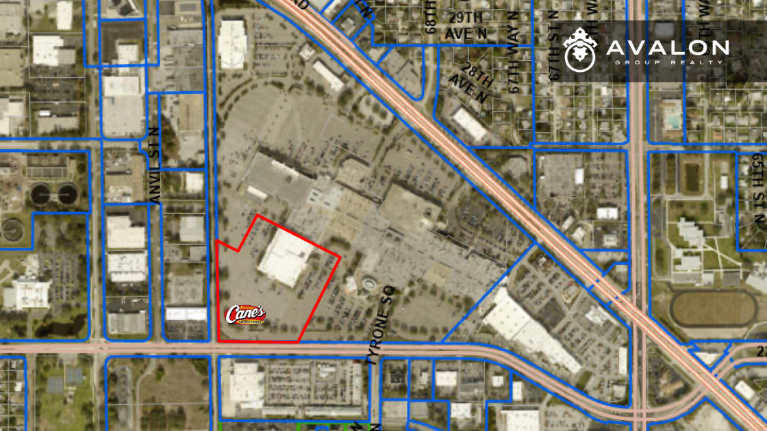 A plot map of Tyrone Mall that highlights the Dillard's parking lot where Raising Canes will be located.