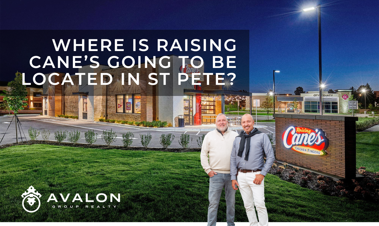 Where Is Raising Cane’s Going To Be Located in St Pete picture shows a newly completed restaurant at dusk.