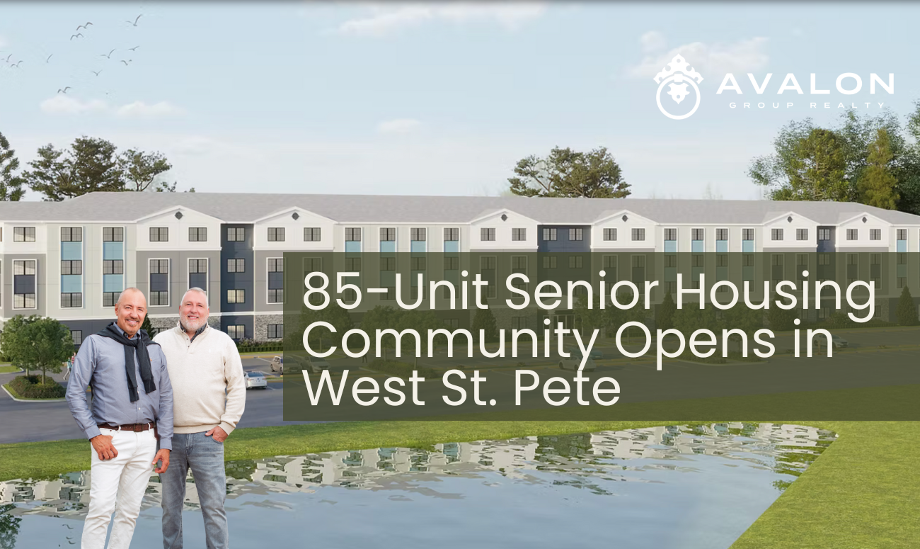 85-Unit Senior Housing Community Opens in West St. Pete shows a rendering of the white, blue and gray building with black windows.