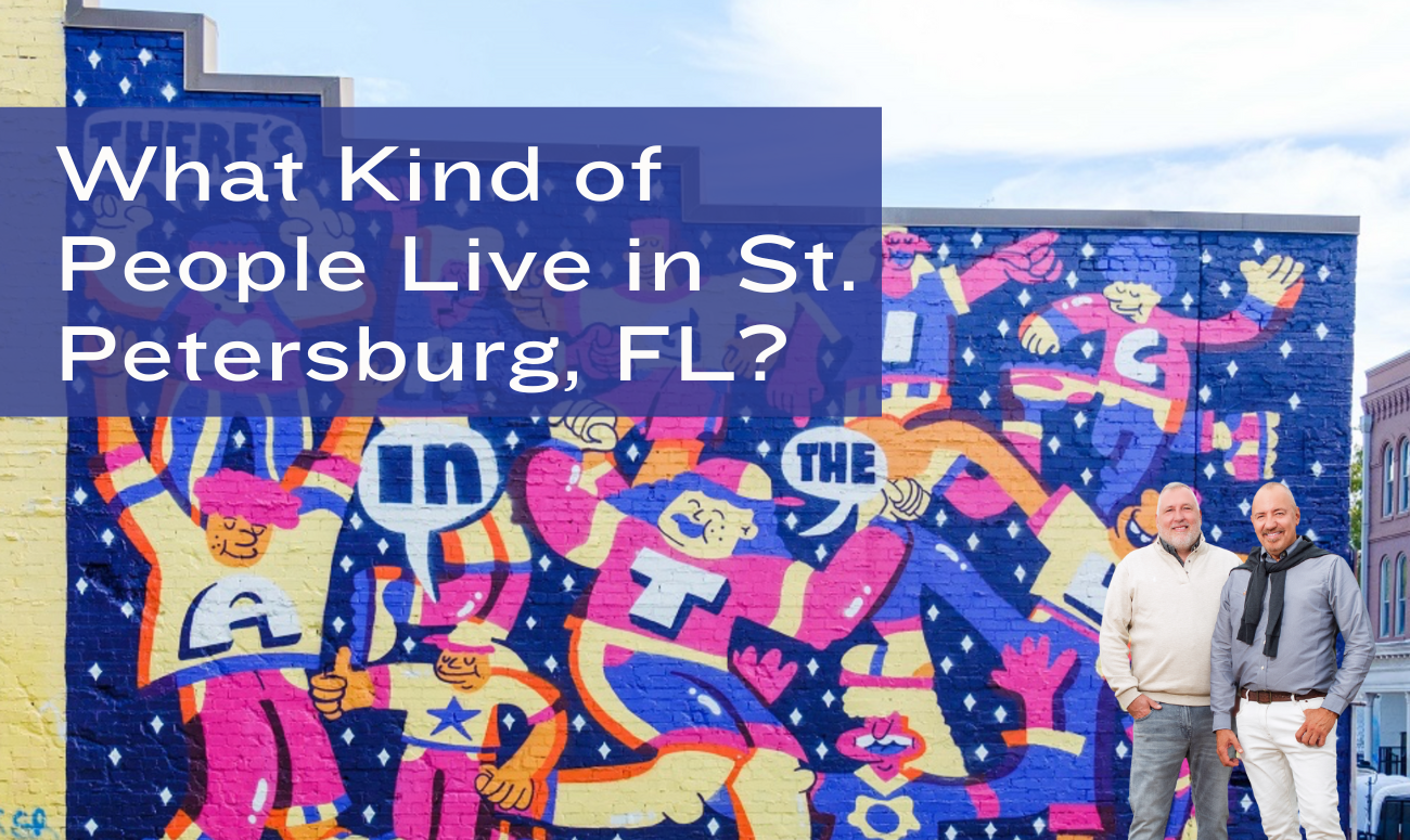 What Kind of People Live in St. Petersburg, FL picture shows a mural of neon colored cartoon people on a building.