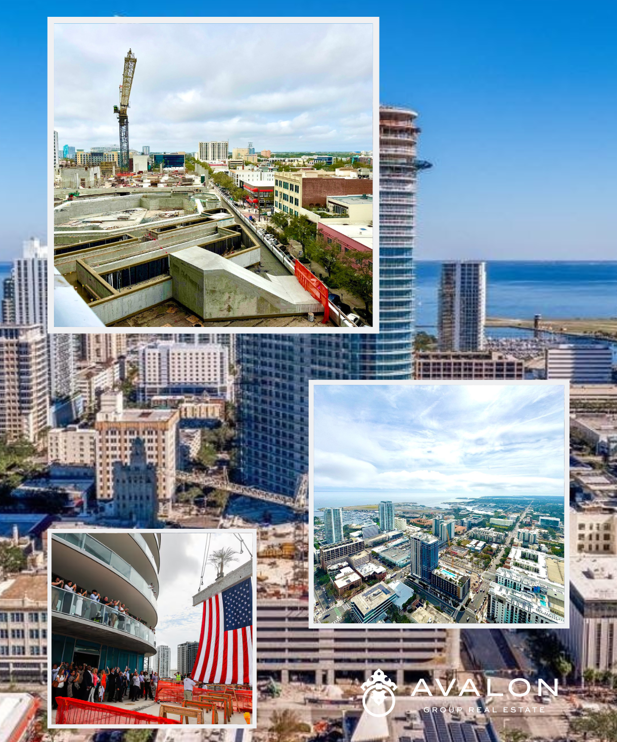 46-Story 400 Central Condo Tower Rises as Tallest on Florida’s West Coast. Picture shows Clockwise from Top: The 7th floor amenity rooftop pool area takes shape, View from the Sky Lounge deck, Celebrating the last steel beam to rise with a United States flag hanging from it, background picture is a view of the high rise.