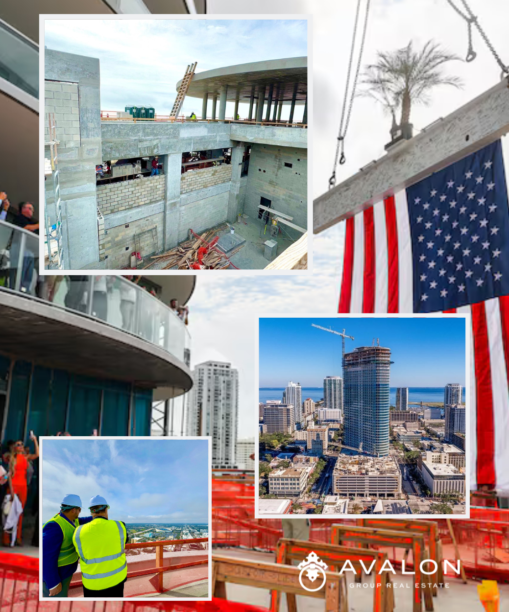 46-Story 400 Central Condo Tower Rises as Tallest on Florida’s West Coast picture shows Clockwise from the top: The Sky Lounge area under construction, A picture of all completed 46 floors of the building, The owner of Apple Group looks from the top floor with the project manager.