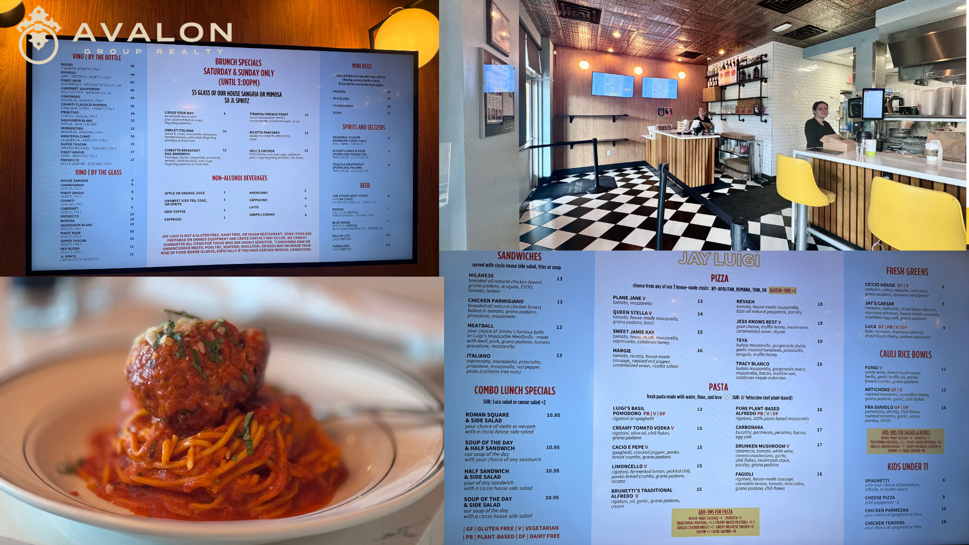 Best Spaghetti St Pete Jay Luigi’s picture shows the video monitor with menus and also a bowl of spaghetti.