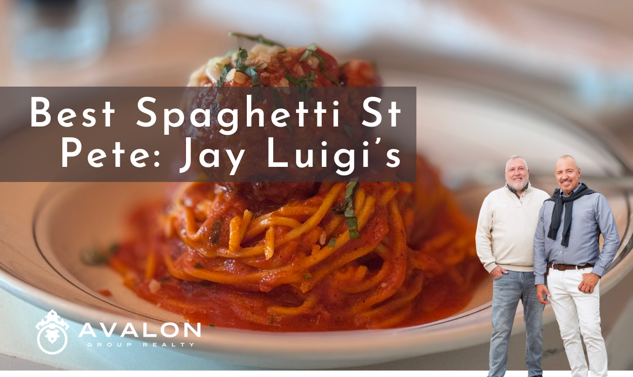 Best Spaghetti St Pete Jay Luigi’s picture shows a close up of spaghetti and a meatball in a white bowl.