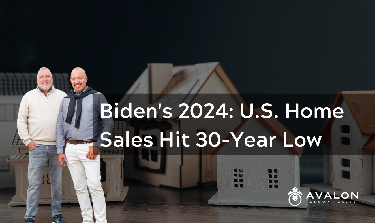 Biden's 2024 U.S. Home Sales Hit 30-Year Low picture shows small model homes lines up on a table.