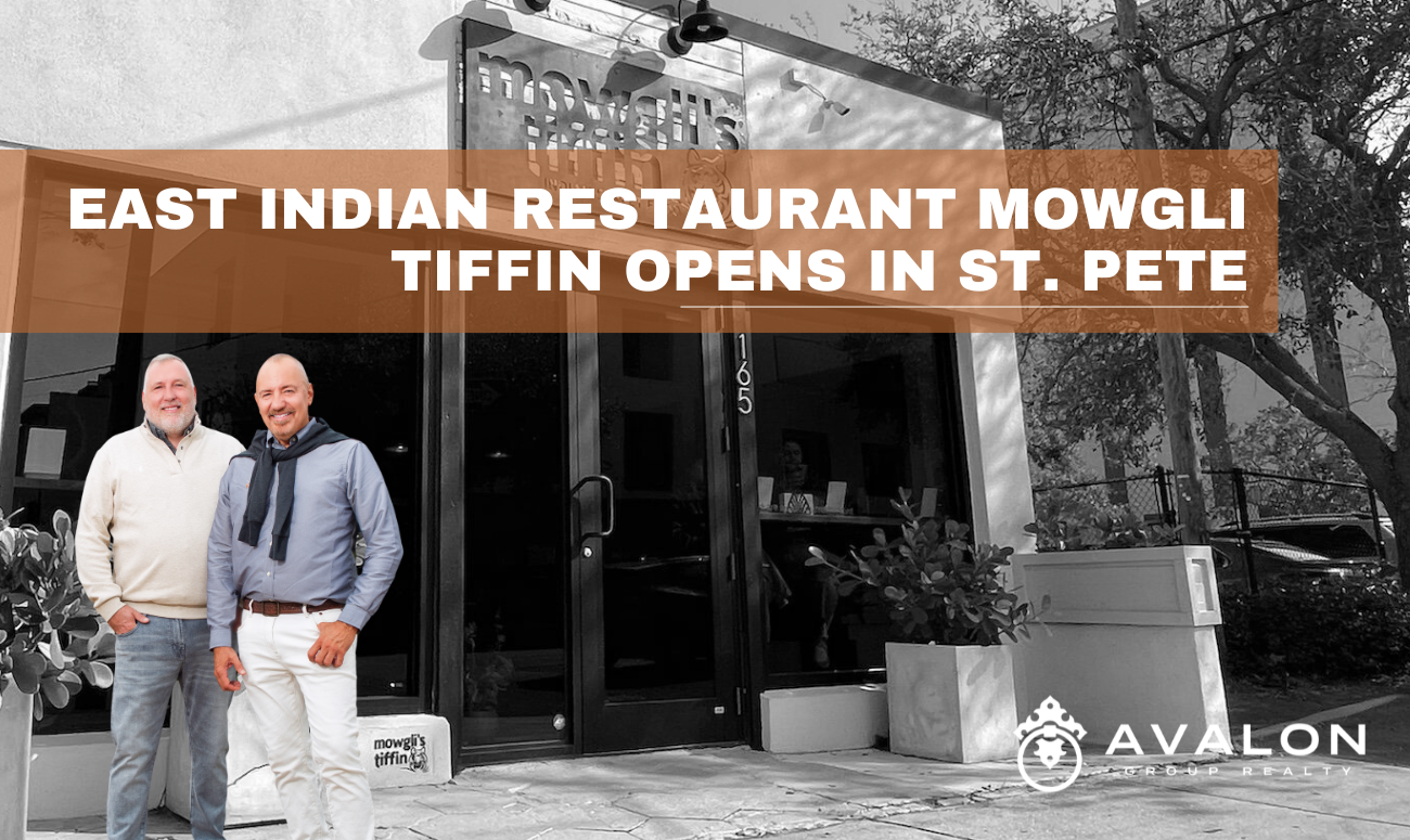 East Indian Restaurant Mowgli Tiffin Opens in St. Pete picture shows the front of the restaurant in a black and white photo. The sign for the restaurant is a metal sheet with the name cut out.