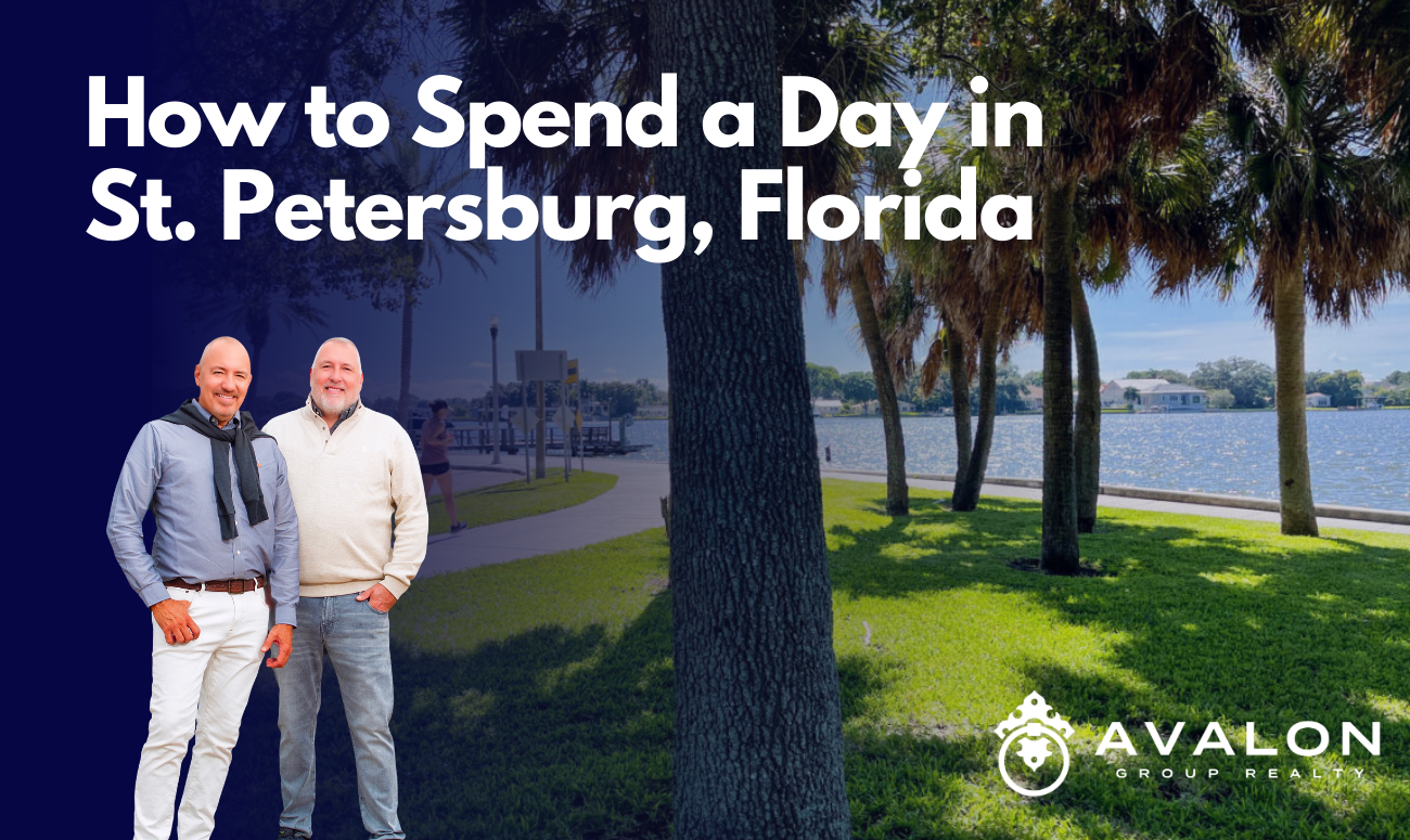 How to Spend a Day in St. Petersburg, Florida picture shows the park at the waterfront in St Petersburg with people walking.