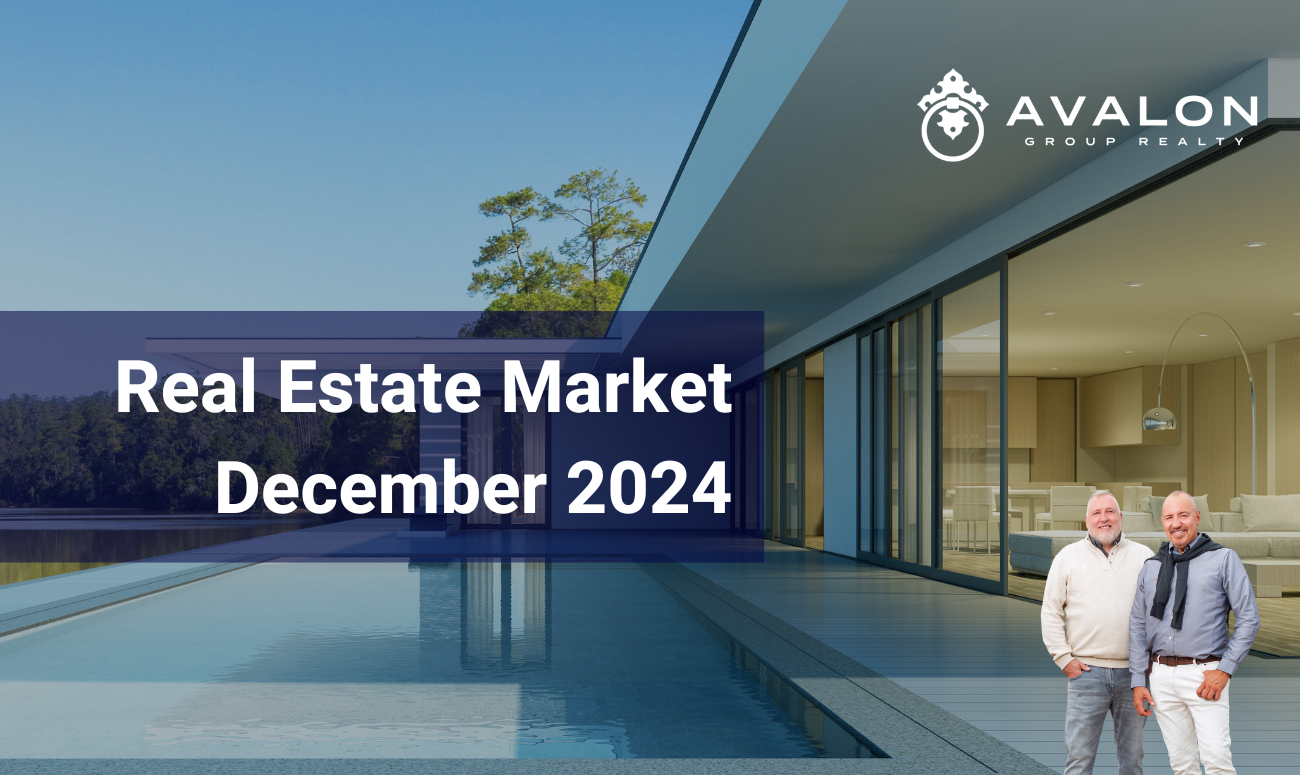 Real Estate Market December 2024 picture has a pool home in the background with white walls and a flat roof. The pool is surrounded by sliding glass doors.