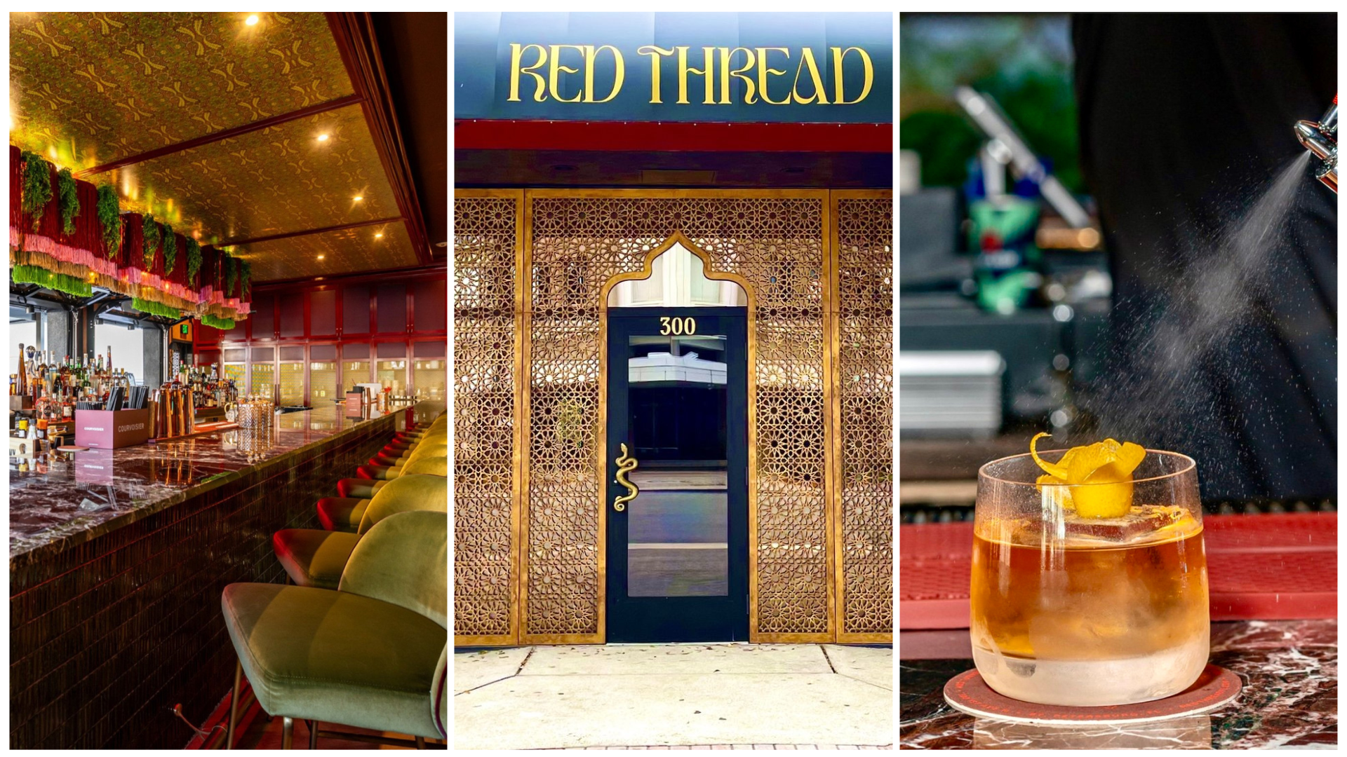 Red Thread Restaurant Explores Flavors of The Silk Road picture shows the bar, the entrance and a cocktail being made.