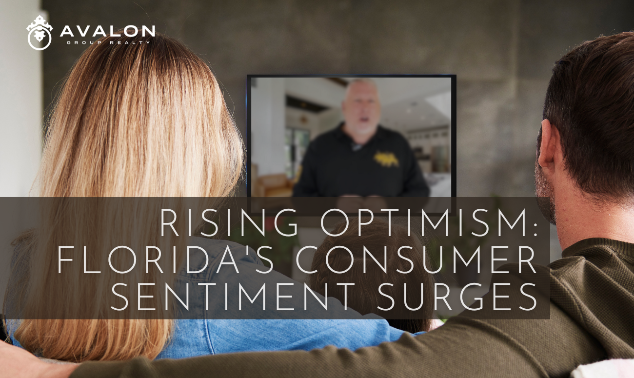 Rising Optimism Florida's Consumer Sentiment Surges picture shows a man and woman on the sofa watching Aaron Hunt on TV.