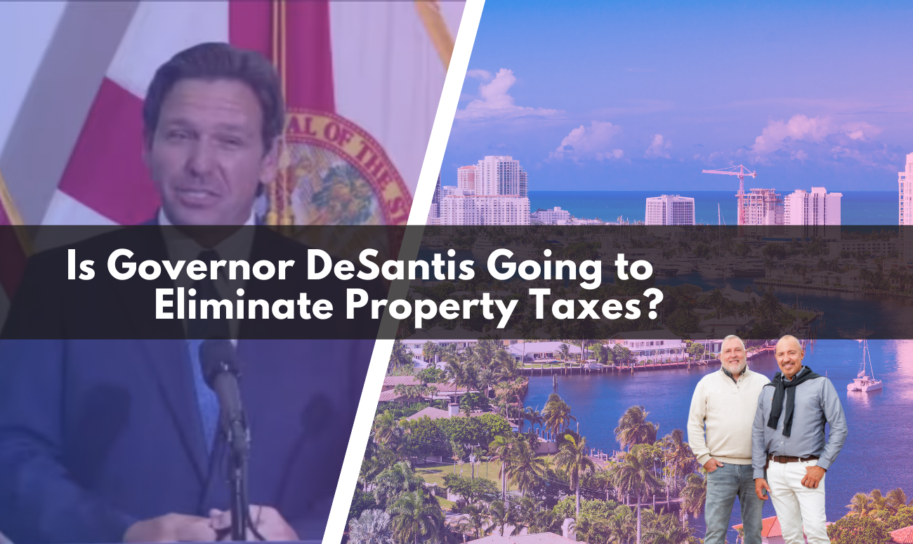 Is Governor DeSantis Going to Eliminate Property Taxes picture shows a picture of DeSantis and a picture of the beach