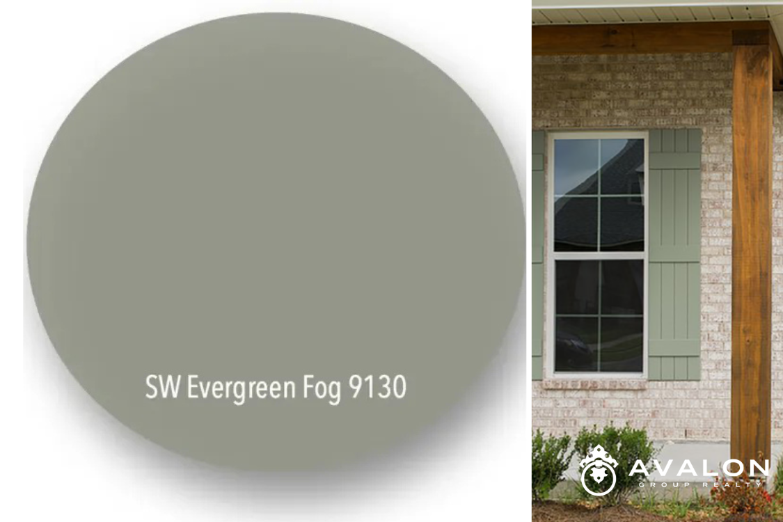 Our Favorite Green Exterior House Paint Color picture shows a color sample circle and a shutter painted in the color.