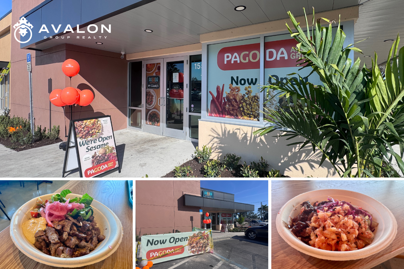 PF Chang’s “Pagoda Asian Grill” Opens in St. Petersburg picture shows Clockwise from top:  Entrance to the restaurant, Korean BBQ Steak Bowl, Grand Opening Sign, Sweet Taiwanese Steak.