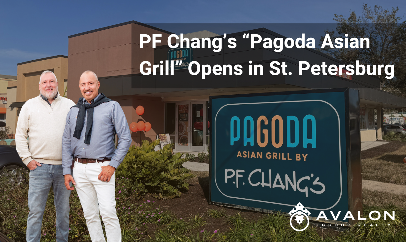 PF Chang’s “Pagoda Asian Grill” Opens in St. Petersburg picture shows the street sign that is black, teal and coral in color. The restaurant building is behind the sign.