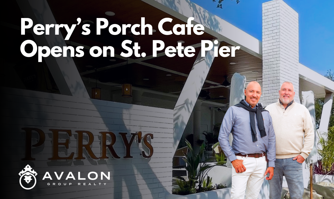 Perry’s Porch Cafe Opens on St. Pete Pier picture shows the restaurant sign on the outside of the building.