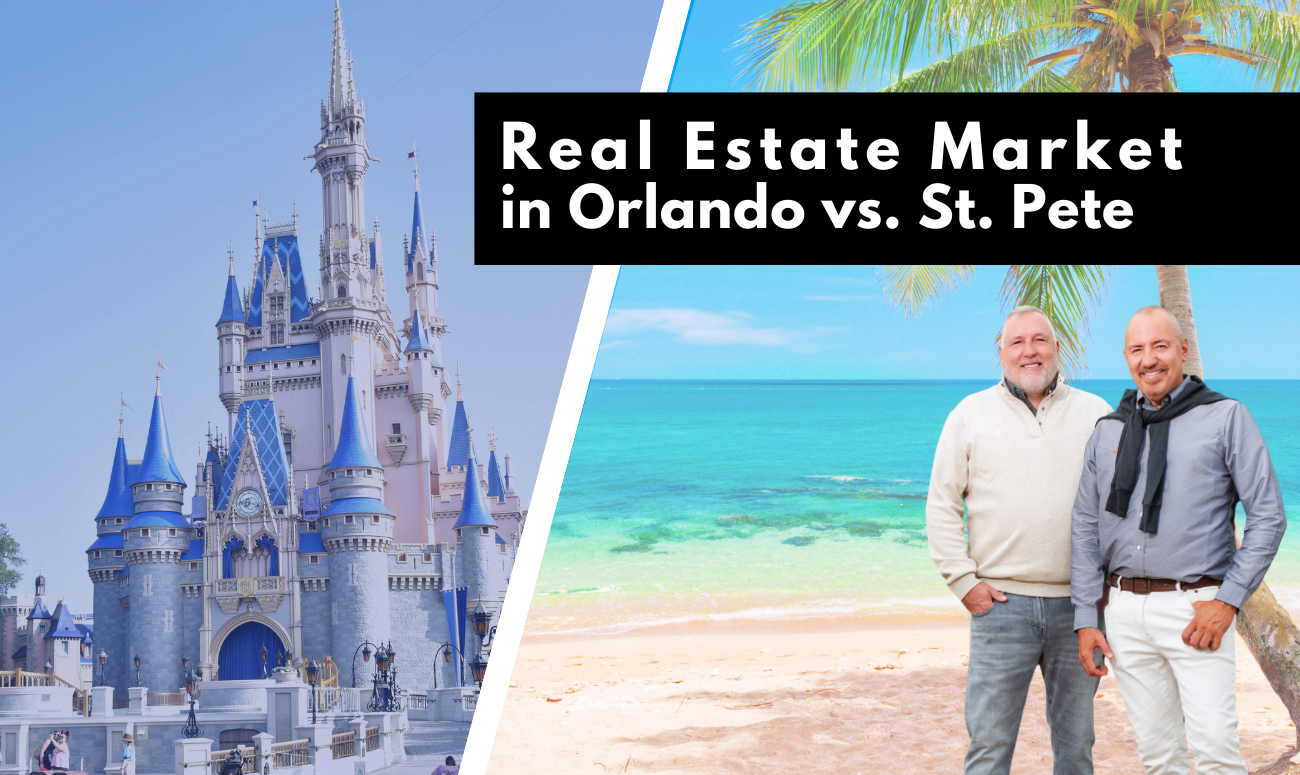 Real Estate Market in Orlando vs. St. Pete picture shows Cinderella's Castle at Disney World on the left and St Pete Beach with a palm tree on the right.