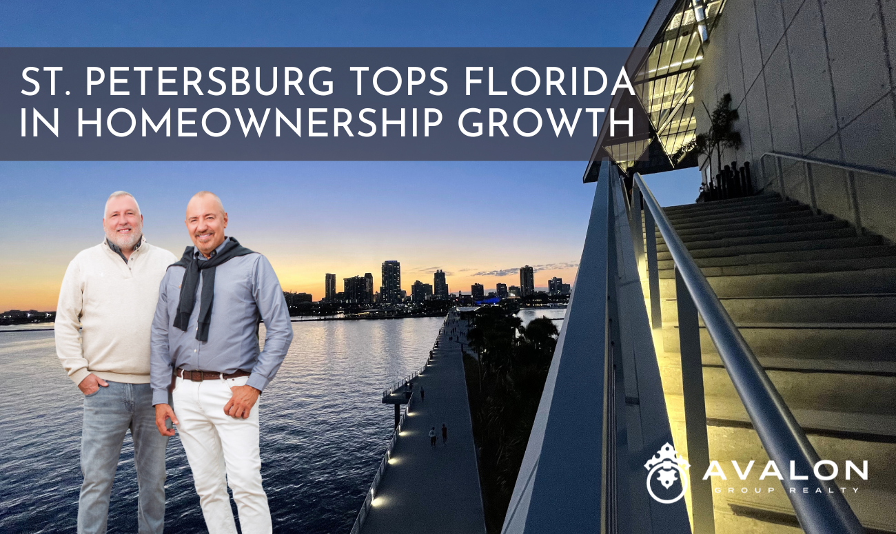 St. Petersburg Tops Florida in Homeownership Growth picture shows the Night Skyline of St Pete from the top of the St Pete Pier.