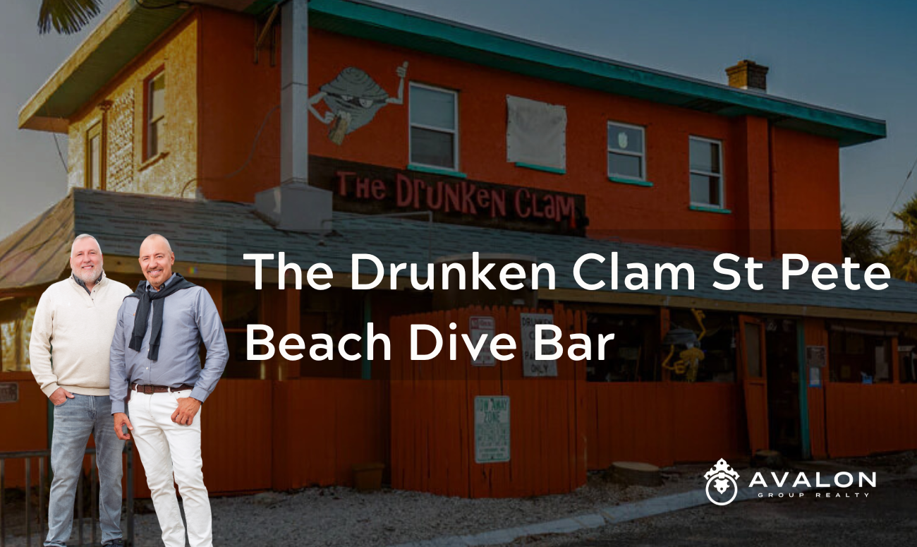 The Drunken Clam St Pete Beach Dive Bar picture shows the orange building at sunset