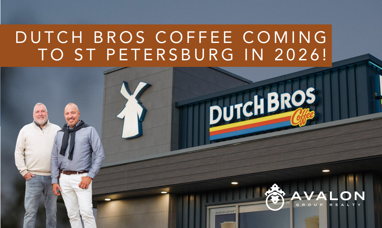 Dutch Bros Coffee coming to St Petersburg in 2026! Cover picture shows Rob and Aaron in front of a Dutch Bros Shop in Yucaipa California at dusk.