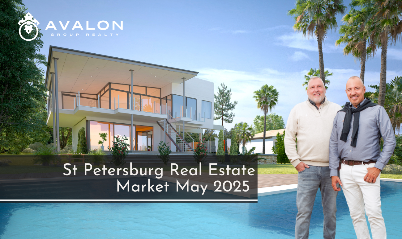 St Petersburg Real Estate Market May 2025 cover picture shows a two story mid-century modern white stucco home with black trim.
