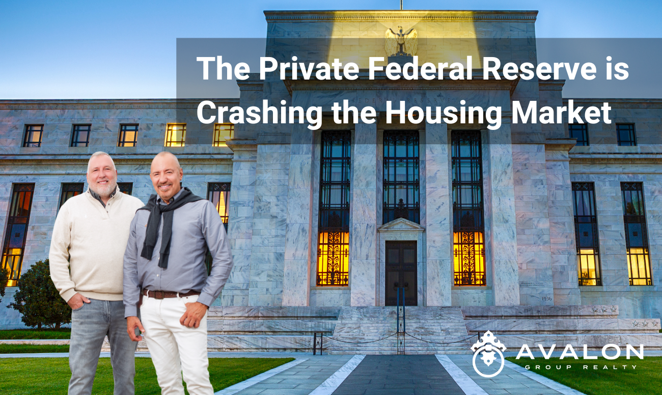 The Private Federal Reserve is Crashing the Housing Market cover picture shows the Federal Reserve Building at dusk with the lights in the windows glowing an amber gold color.