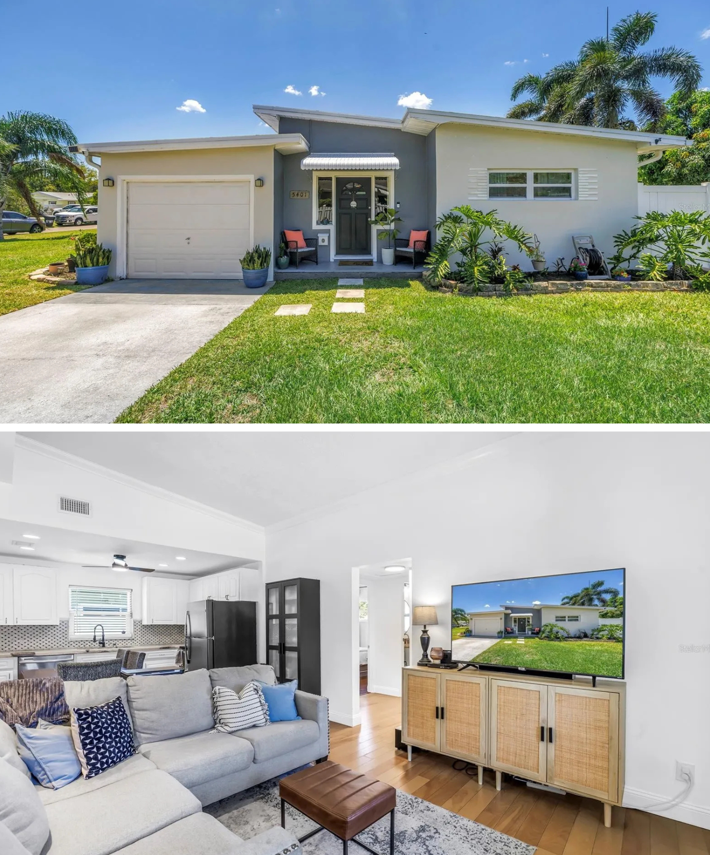 Top 3 Homes For Sale in St Petersburg Under $350K-2 picture shows the front of the white and gray home and also a picture of the living area with a gray sofa.
