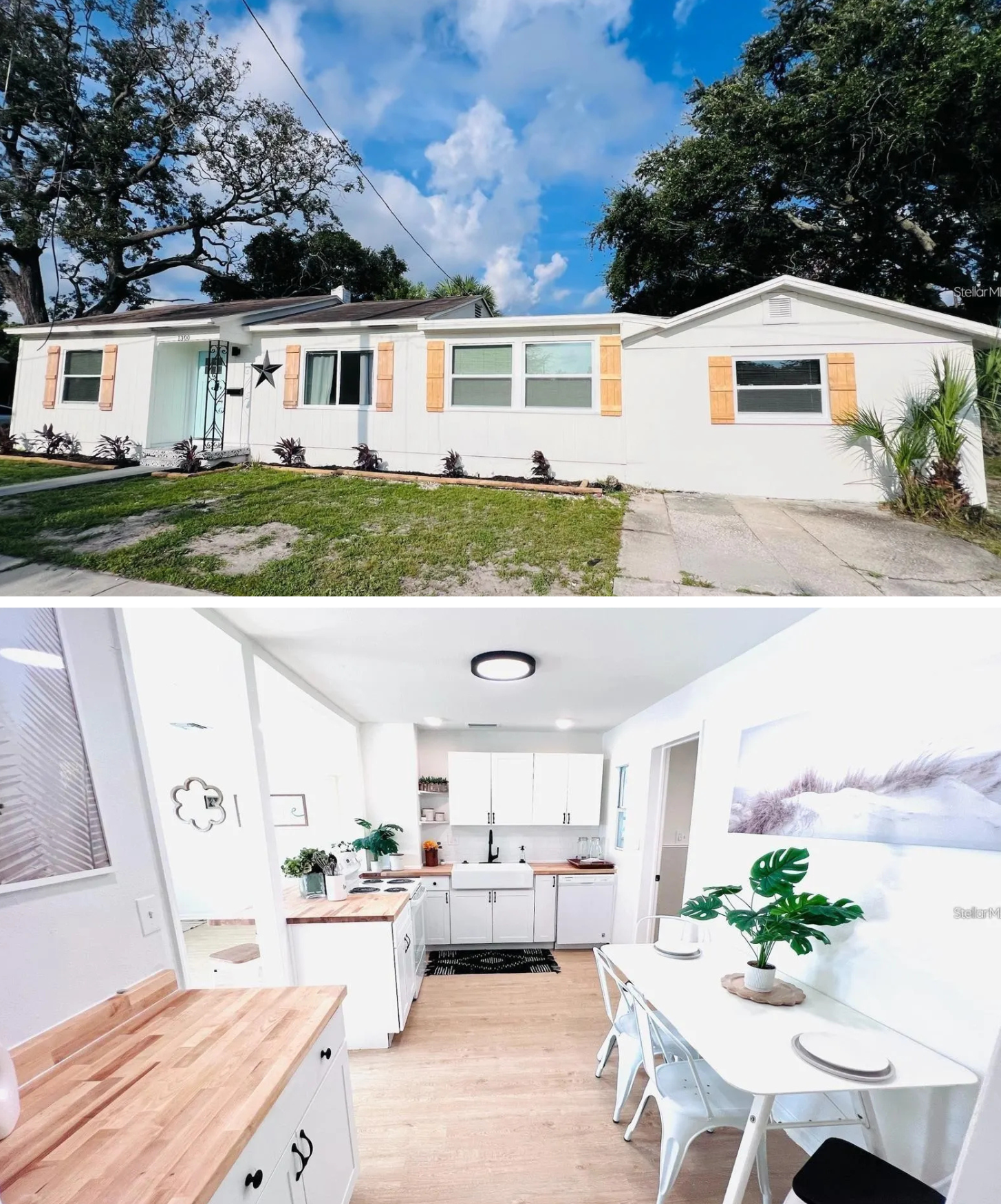 Top 3 Homes For Sale in St Petersburg Under $350K-3 picture shows the front of the white home with pale blue front door and a picture of the white kitchen.