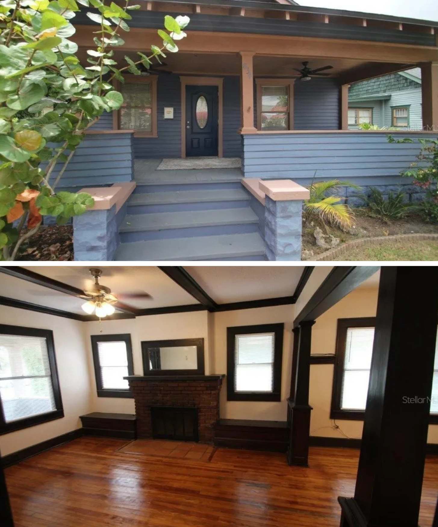 Top 3 Homes For Sale in St Petersburg Under $350K-4 picture shows the gray and brown craftsman home and the living area with lots of wood trim.