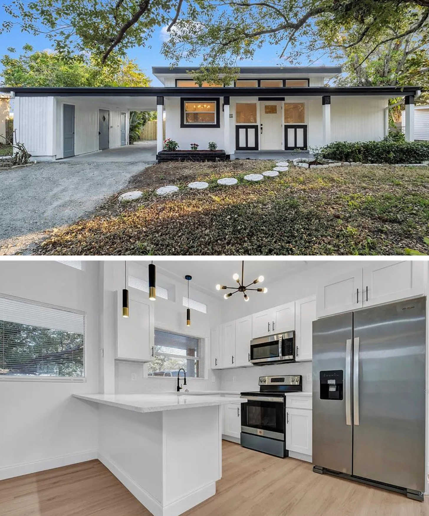 Top 3 Homes For Sale in St Petersburg Under $400K picture shows a mid century modern home that is white with black trim.