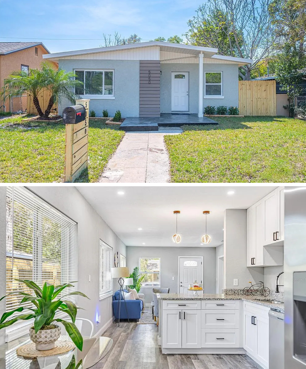 Top 3 Homes For Sale in St Petersburg Under $450K-3 picture shows a gray home with a white kitchen.