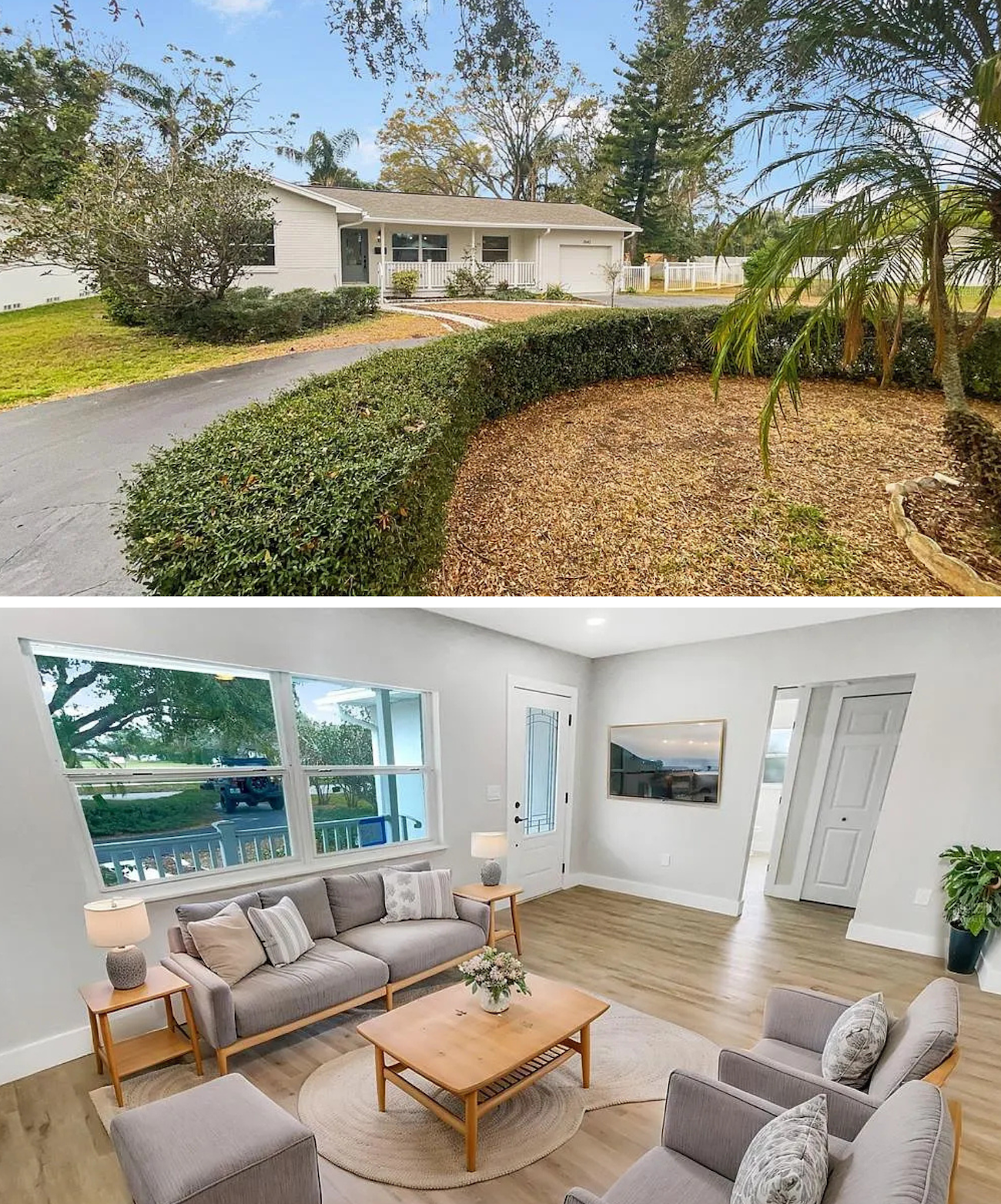 Top 3 Homes For Sale in St Petersburg Under $450K picture shows a white home with a curved driveway with a curved hedge