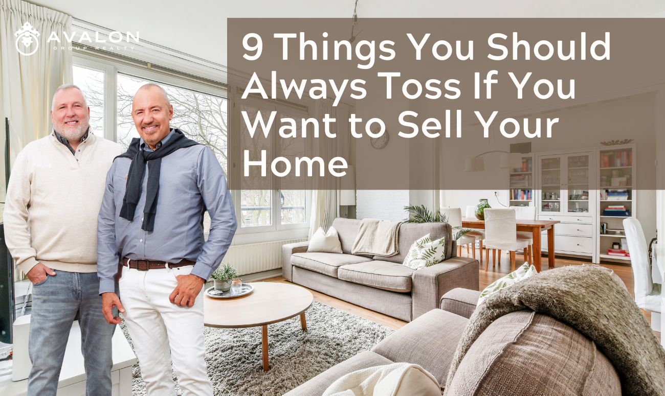 9 Things You Should Always Toss If You Want to Sell Your Home cover picture shows a warm minimalist living room with beige carpet, beige sofa and wood tones.