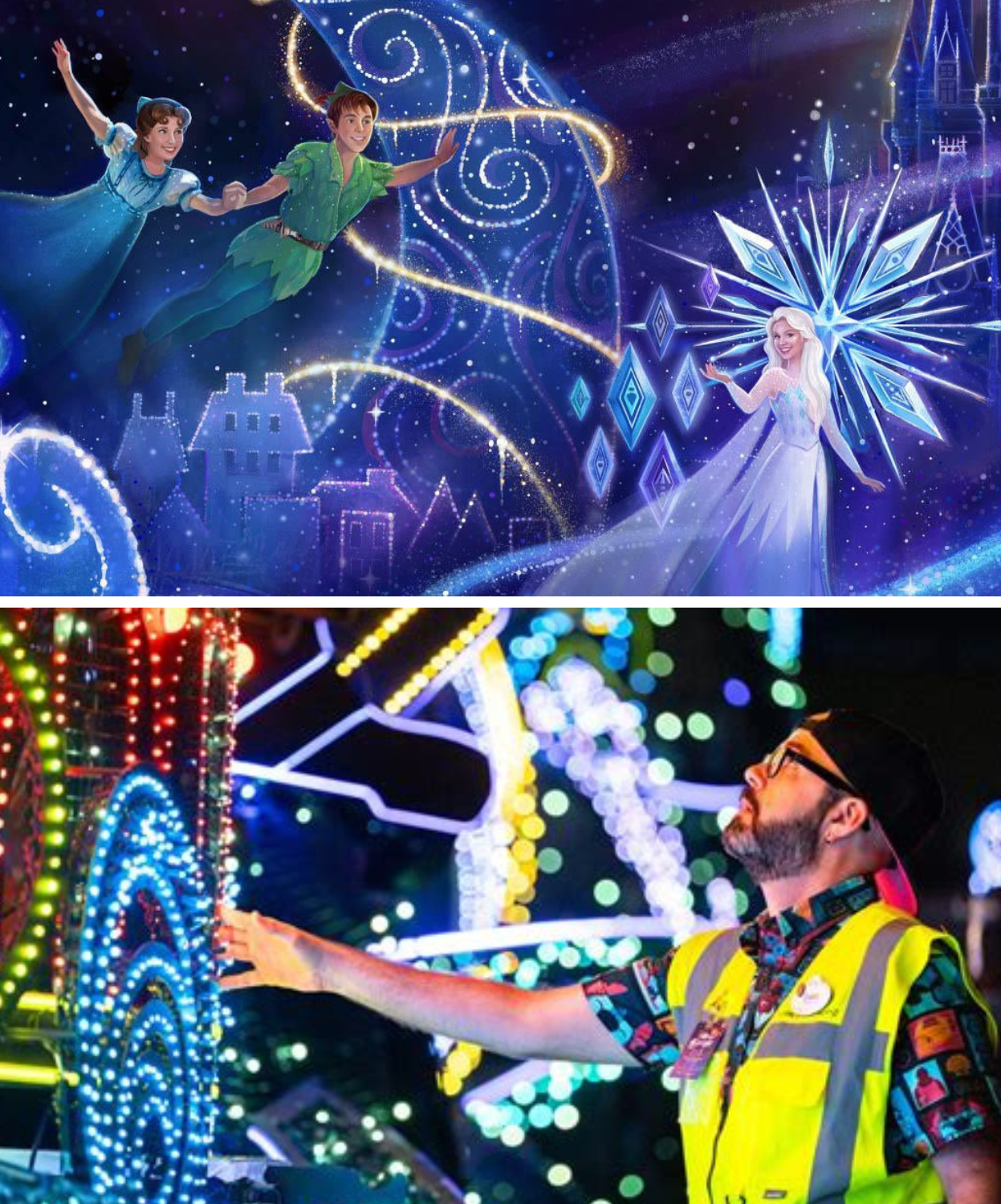Disney Starlight Parade at Magic Kingdom Top picture shows concept art and below a designers helps to program the lights.
