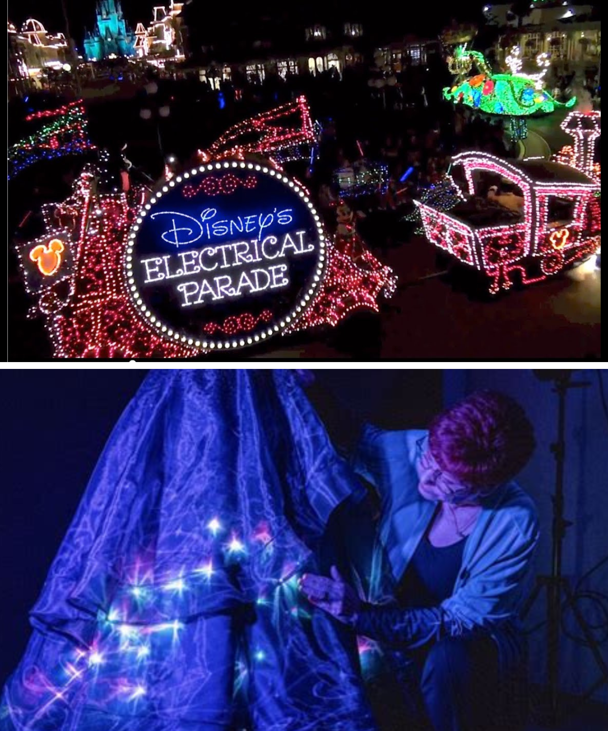 Disney Starlight Parade at Magic Kingdom: Top picture shows the original night time parade. Below picture shows one of the costumes that lights up in all colors but is shown in blue.