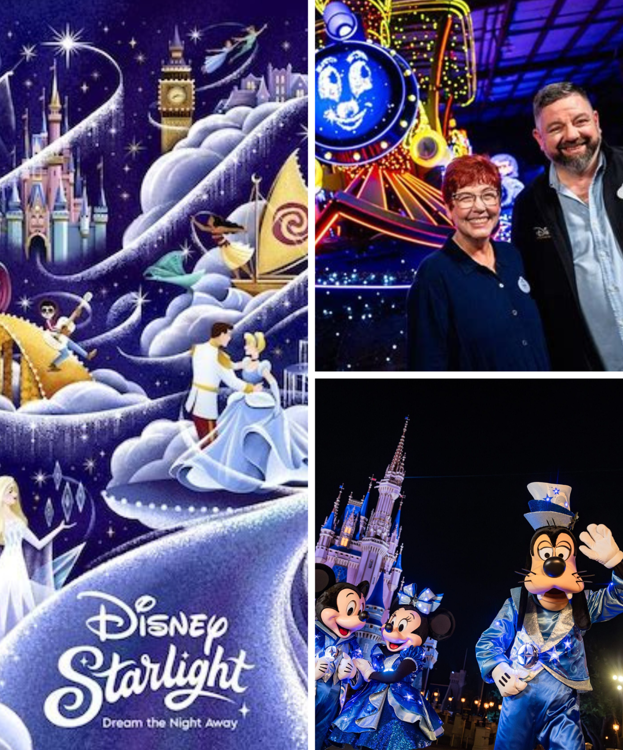 Disney Starlight Parade at Magic Kingdom: Left side picture shows the poster for the Starlight Parade, top right shows the two producers of the parade with the "Whimsy" float, bottom right shows Mickey, Minnie, and Goofy in their new parade attire with blue as the main color.