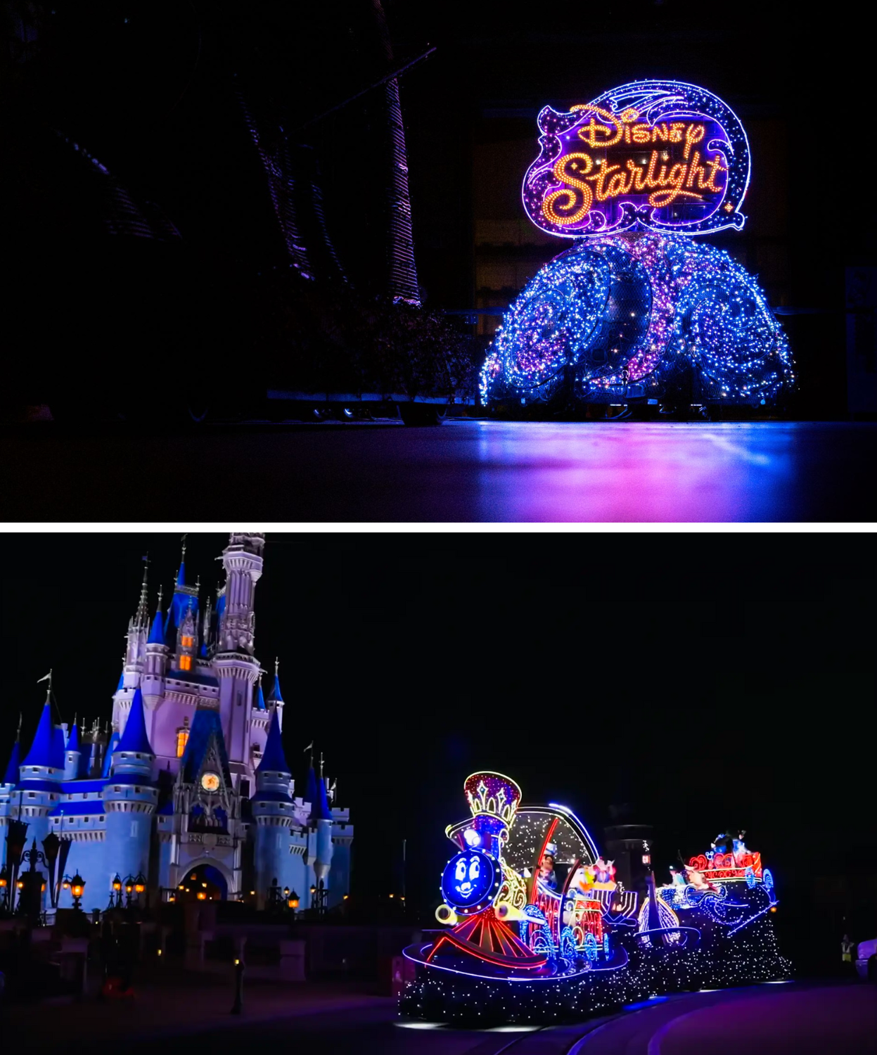Disney Starlight Parade at Magic Kingdom Top Picture is the float that carries the name of the parade. Bottom Picture shows the "Whimsy" train float. The dominate light color is a dreamy blue.