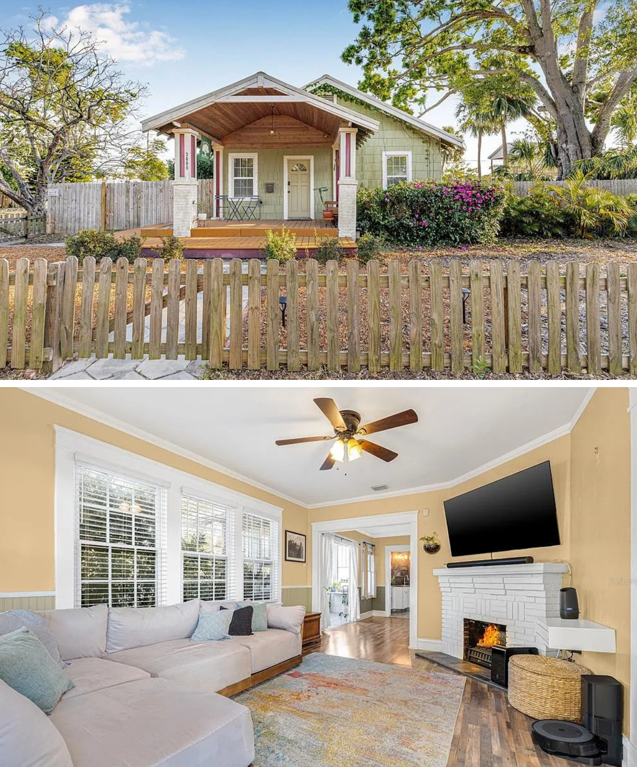 Top 3 Homes for Sale in St Petersburg Under $600K-3 picture shows a green bungalow with wood trim.
