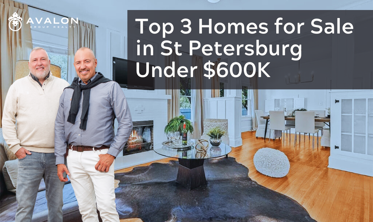 Top 3 Homes for Sale in St Petersburg Under $600K show a home's living room with a white brick fireplace