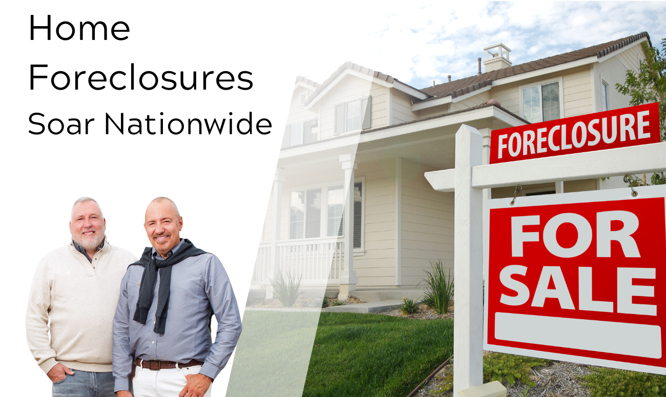 Home Foreclosures Soar Nationwide cover picture shows a house with a foreclosure sign in the yard that is red in color.