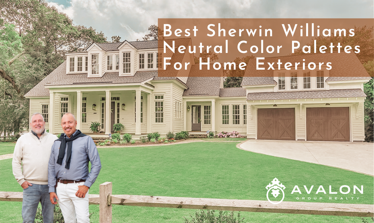 Best Sherwin Williams Neutral Color Palettes For Home Exteriors cover picture shows a home painted in neutral light beige colors.