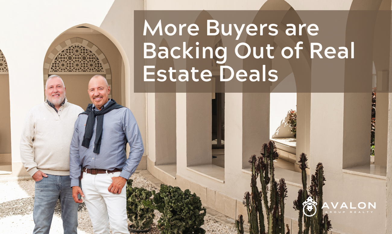 More Buyers are Backing Out of Real Estate Deals cover picture shows the front porch of a luxury home with a light beige stucco.