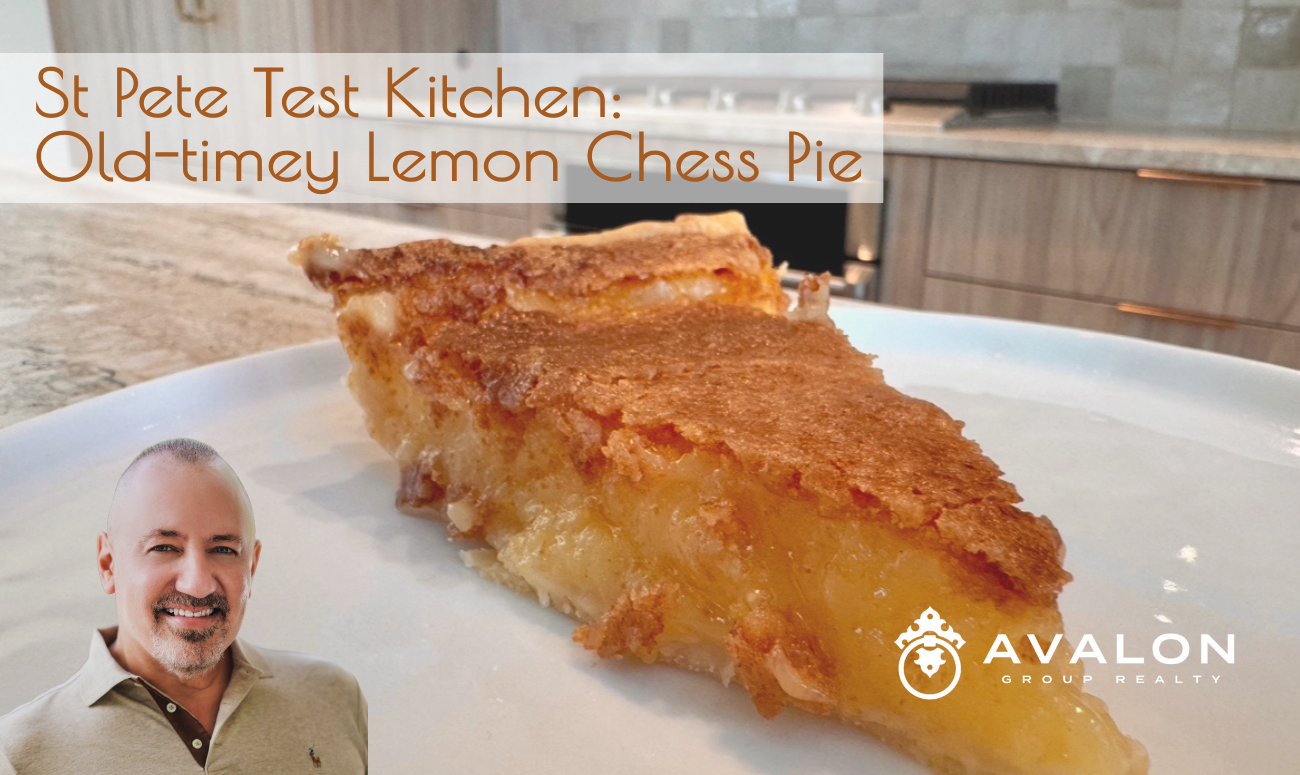 St Pete Test Kitchen Old-timey Lemon Chess Pie cover picture shows the dark yellow pie filling with a golden top side candy crust.