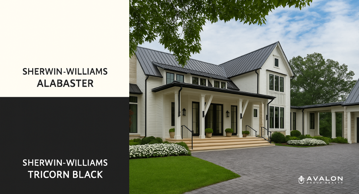 Top Sherwin Williams Neutral Colors Palettes For Home Exteriors picture shows a farmhouse painted in #1 Alabaster & Tricorn Black