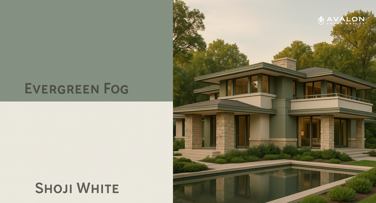 Top Sherwin Williams Neutral Colors Palettes For Home Exteriors picture shows a modern home with #8 // Evergreen Fog & Shoji White