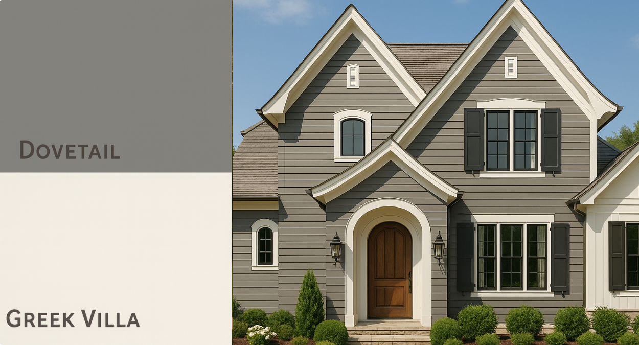 Top Sherwin Williams Neutral Colors Palettes For Home Exteriors picture of traditional home painted in #9 Dovetail & Greek Villa