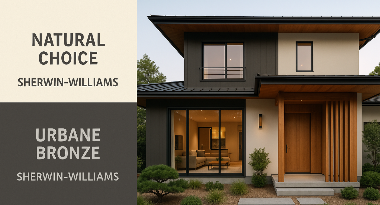 Top Sherwin Williams Neutral Colors Palettes For Home Exteriors picture shows a modern home using #5 Urbane Bronze & Natural Choice