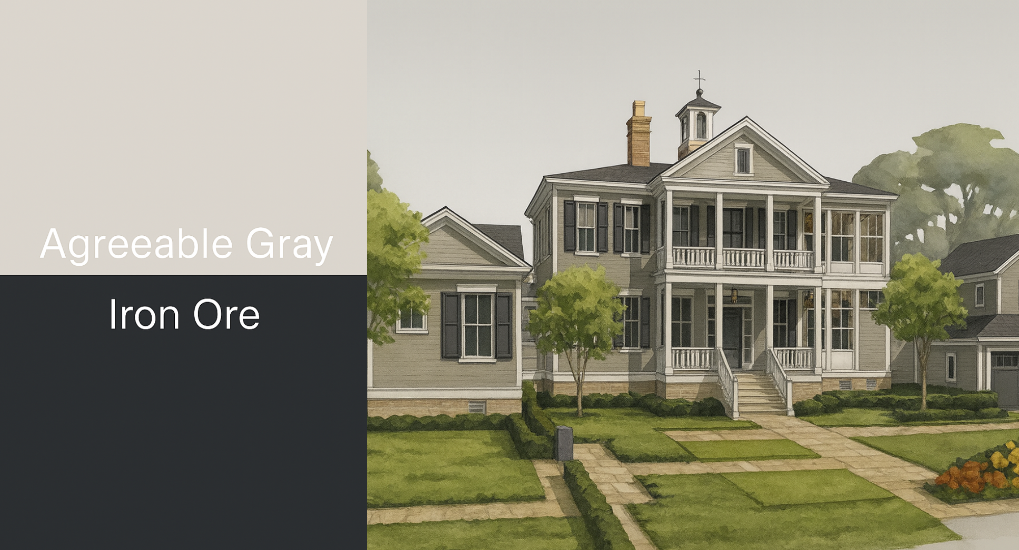 Top Sherwin Williams Neutral Colors Palettes For Home Exteriors picture shows a classic home in #6 Agreeable grey & Iron Ore
