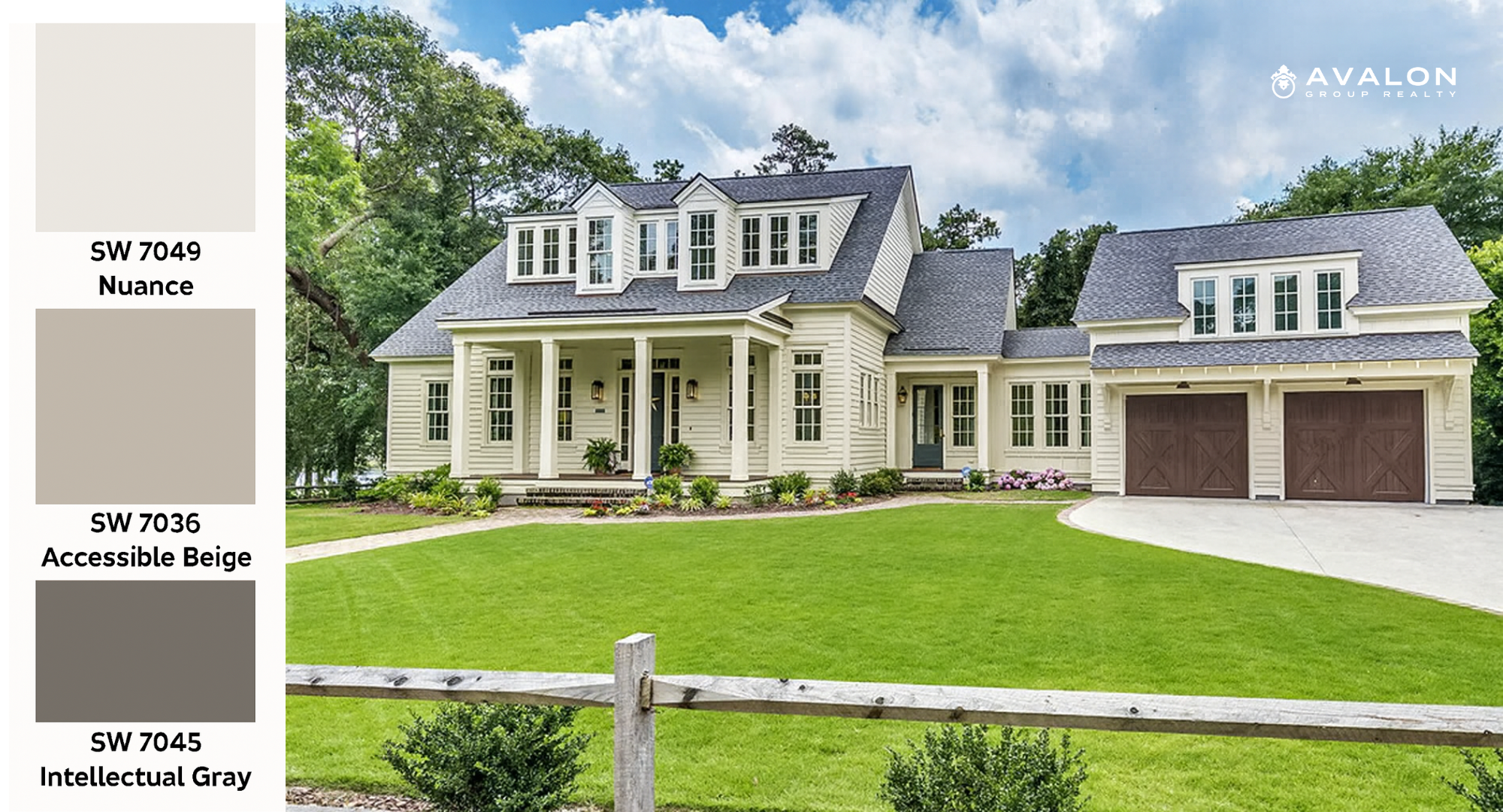 Top Sherwin Williams Neutral Colors Palettes For Home Exteriors picture shows a classic home with the exterior painted in #4 Nuance, Accessible Beige & Intellectual Gray