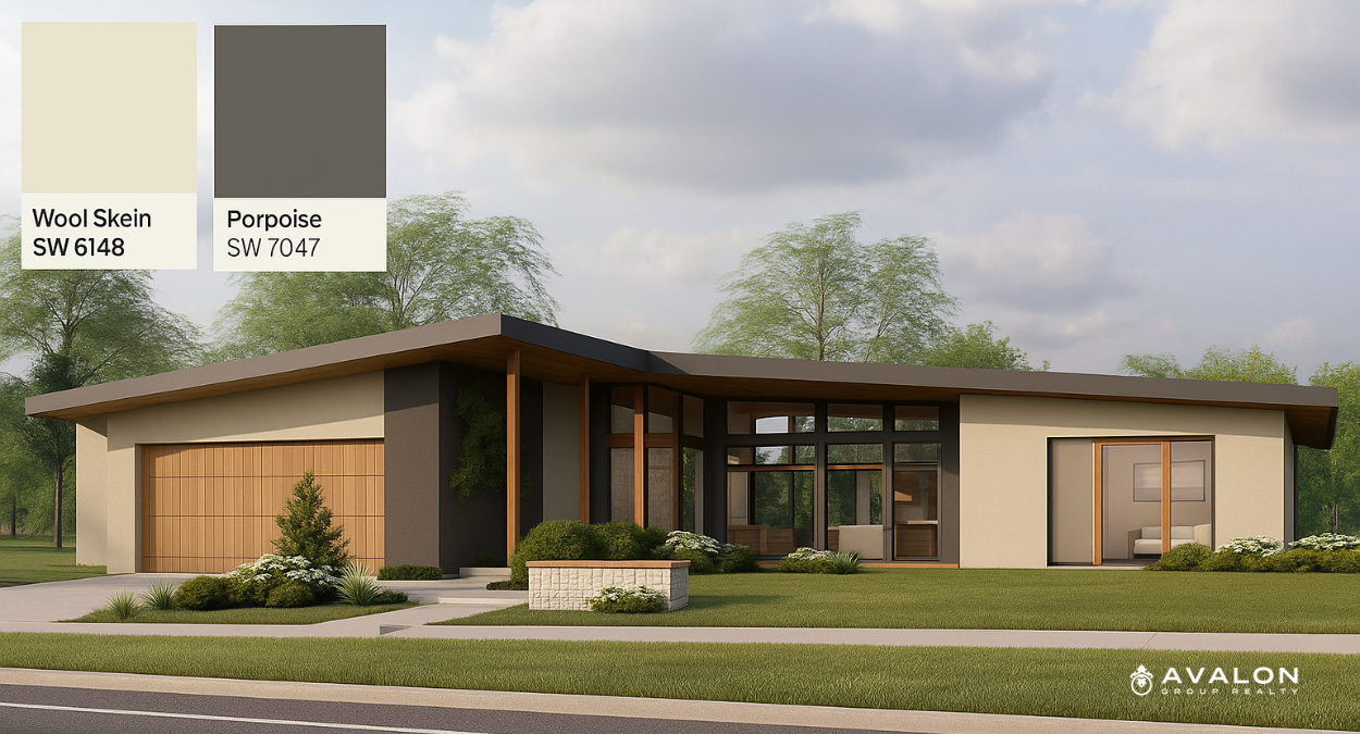Top Sherwin Williams Neutral Colors Palettes For Home Exteriors picture shows a mid century modern home painted with Sherwin Williams Wool Skein & Porpoise